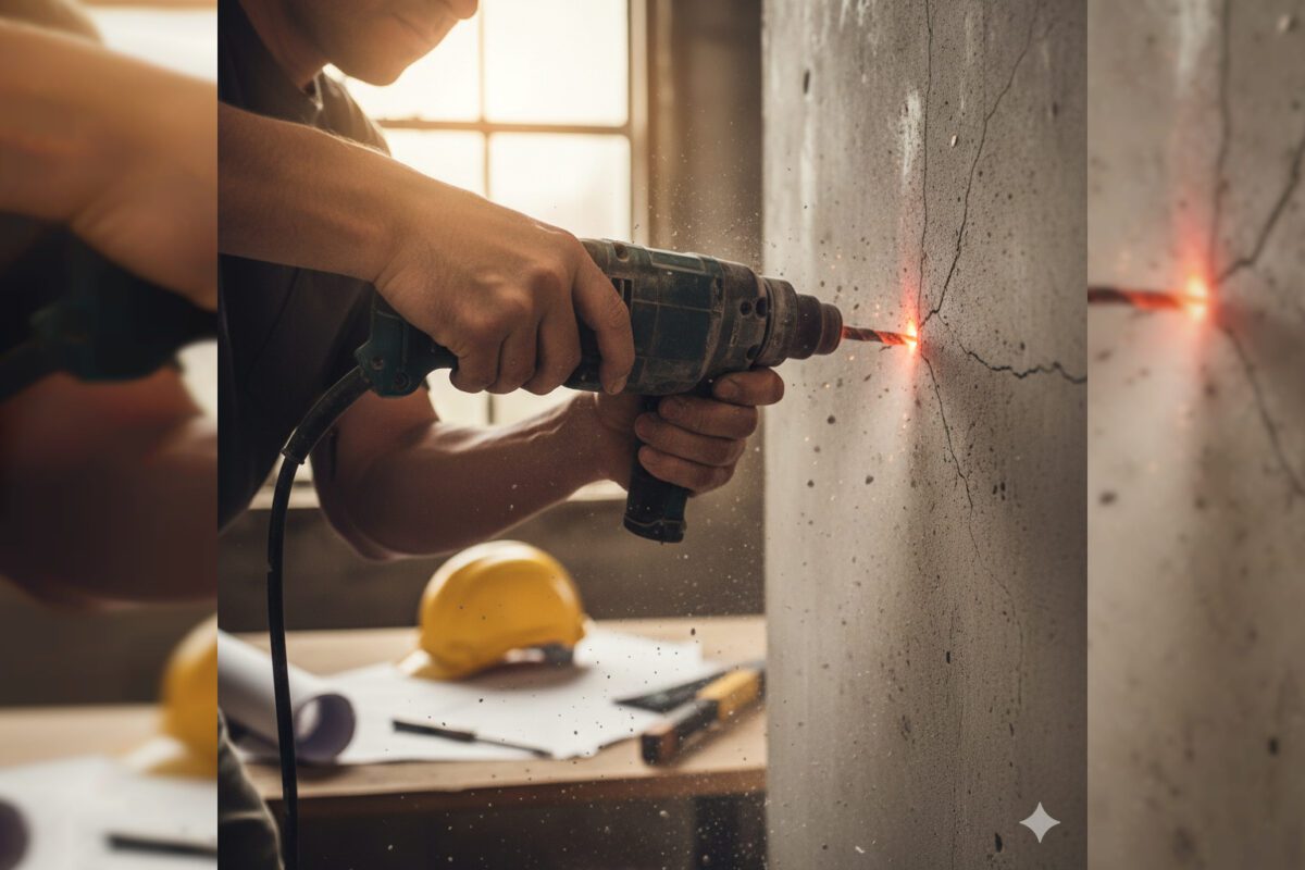 Использование перфоратора дома для сверления бетона; процесс демонстрирует эффективность инструмента.