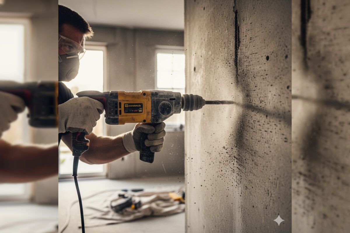 Перфоратор используется для бурения стены из бетона, демонстрируя функциональность и мощность.