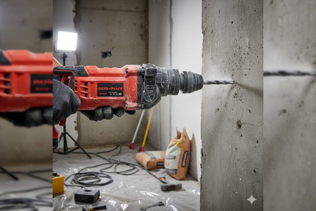 Перфоратор в процессе работы на фоне ремонта Перфоратор в действии, сверлящий бетонную стену, в контексте ремонтных работ.