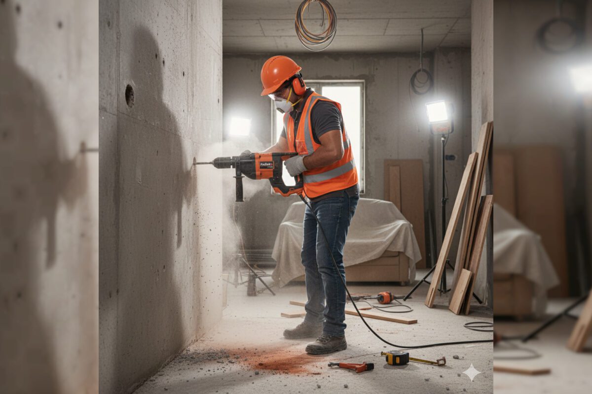 Рабочая сцена с человеком, использующим перфоратор для сверления стены в строительной обстановке.