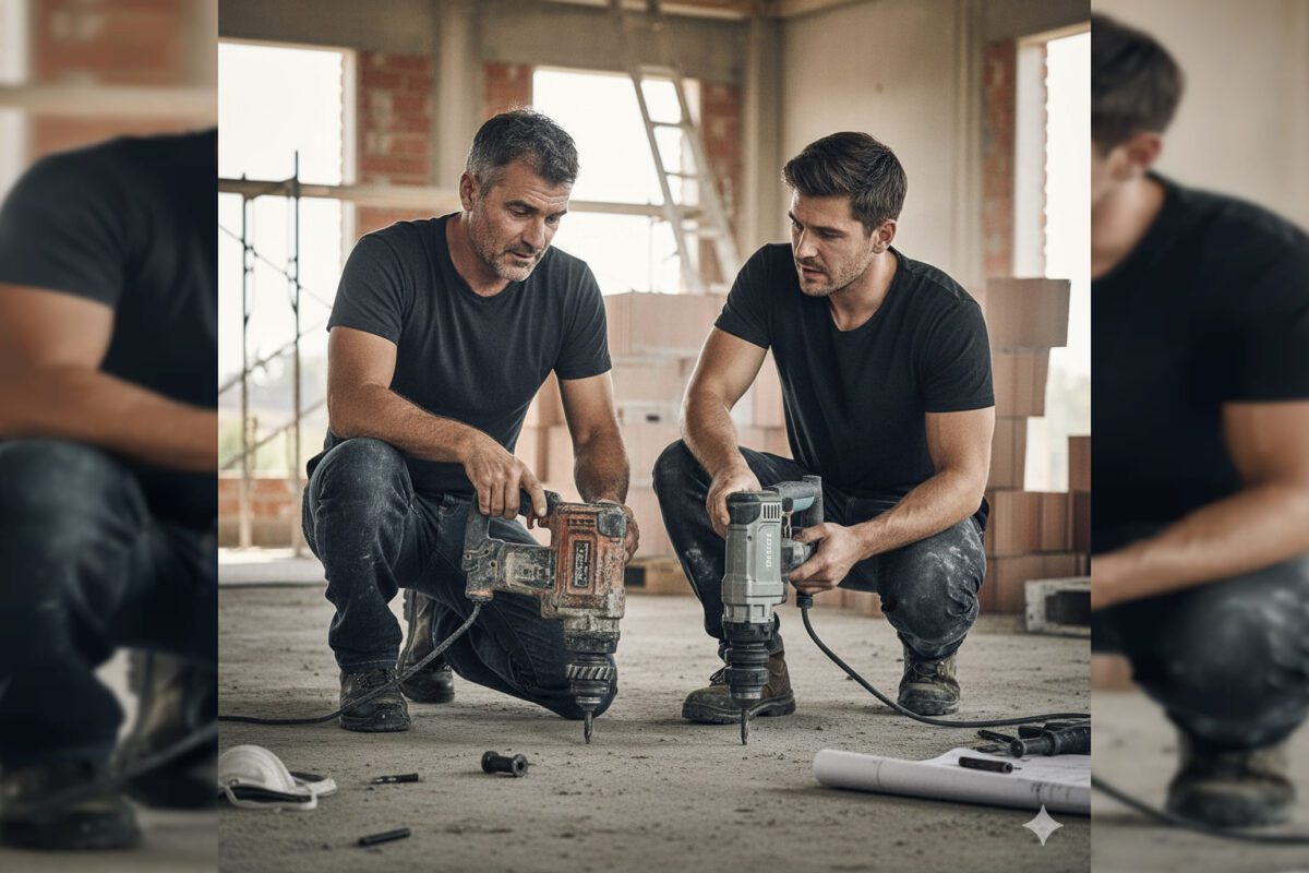 Профессиональный перфоратор в действии на стройплощадке Перфоратор пробивает бетонную стену, подчеркивая его мощность и прочность на фоне строительной площадки.