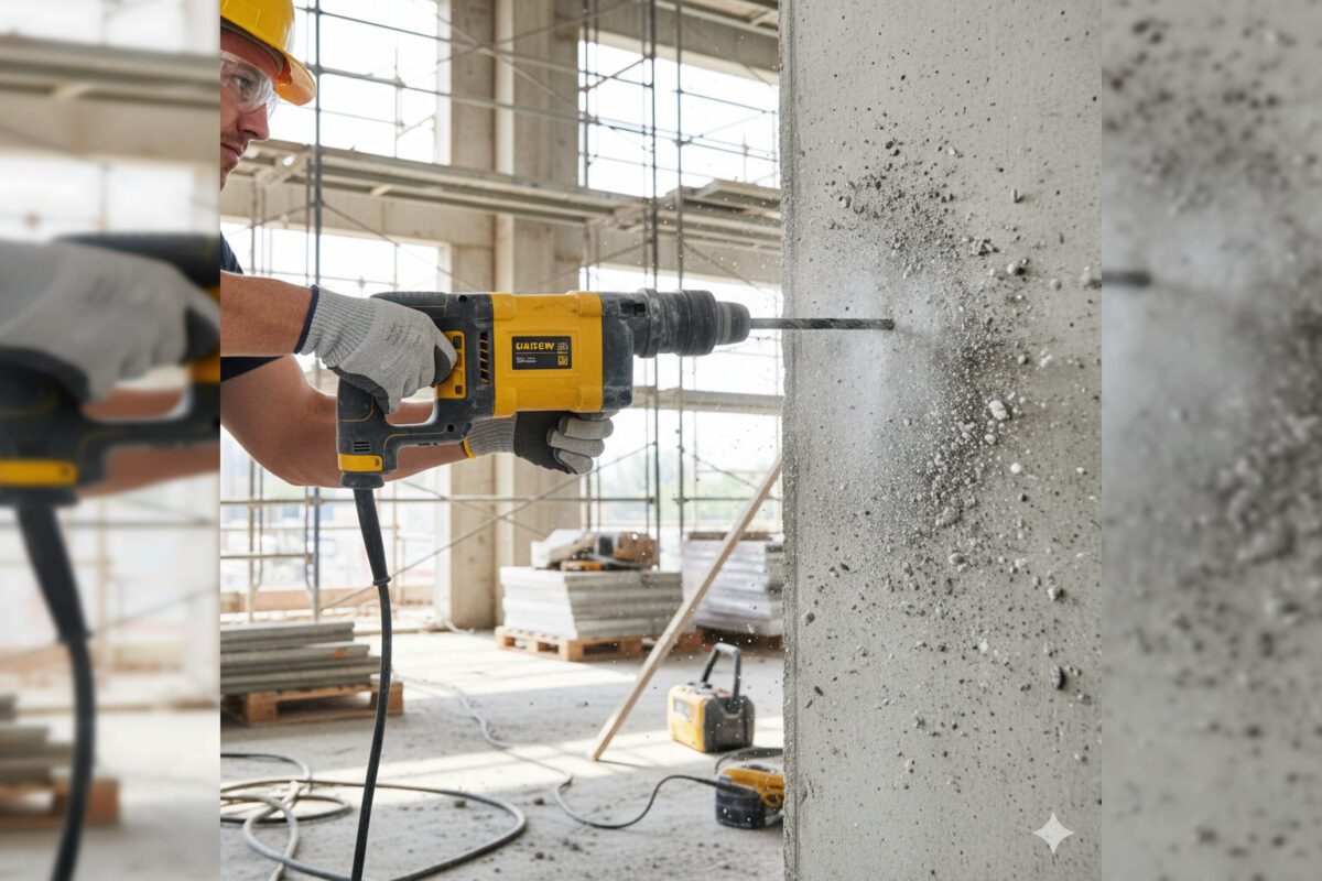 Работающий перфоратор в процессе сверления Перфоратор сверлит бетонную стену, частицы материала разлетаются вокруг в фотореалистичном исполнении
