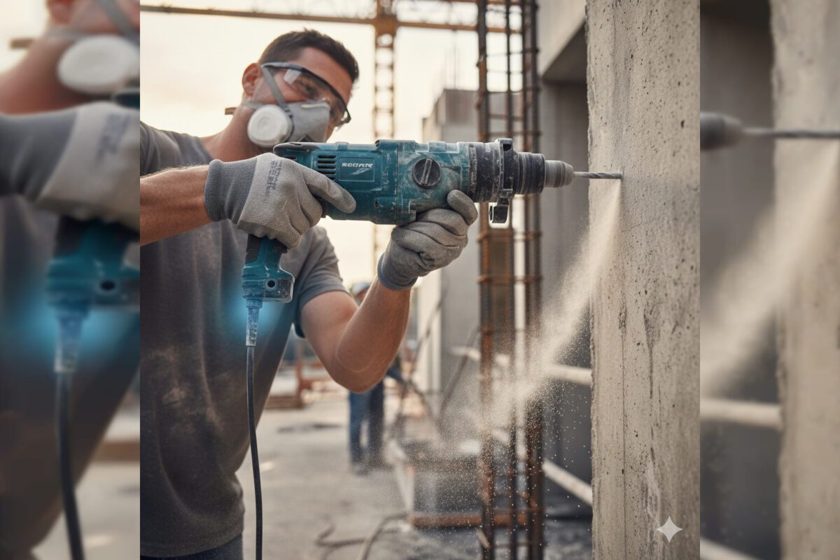 Реалистичный перфоратор в действии в мастерской Регулировка скорости при точной работе с металлическими элементами при помощи перфоратора