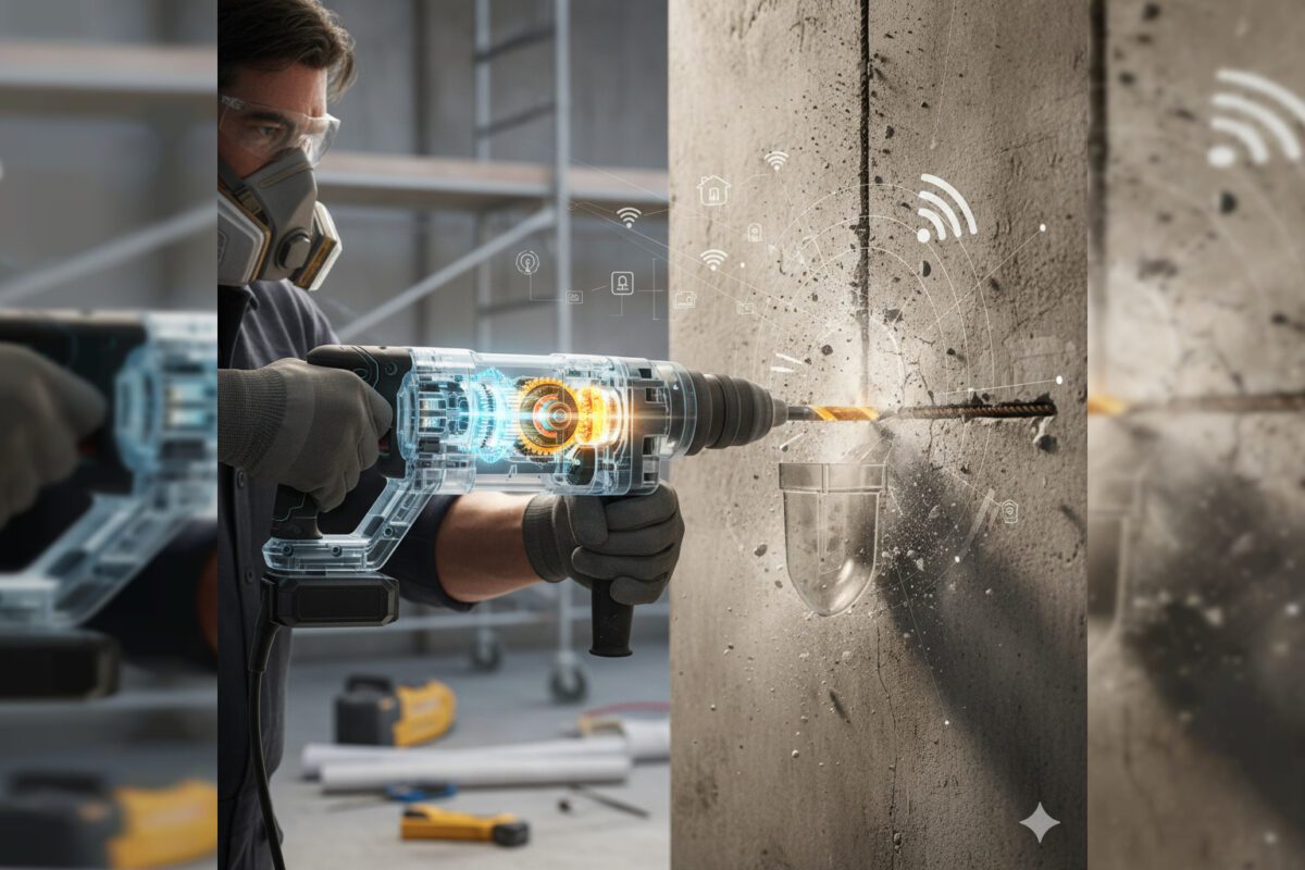 Изображение современного перфоратора с реверсом, плавным пуском и регулировкой скорости при работе с бетоном, камнем и металлом