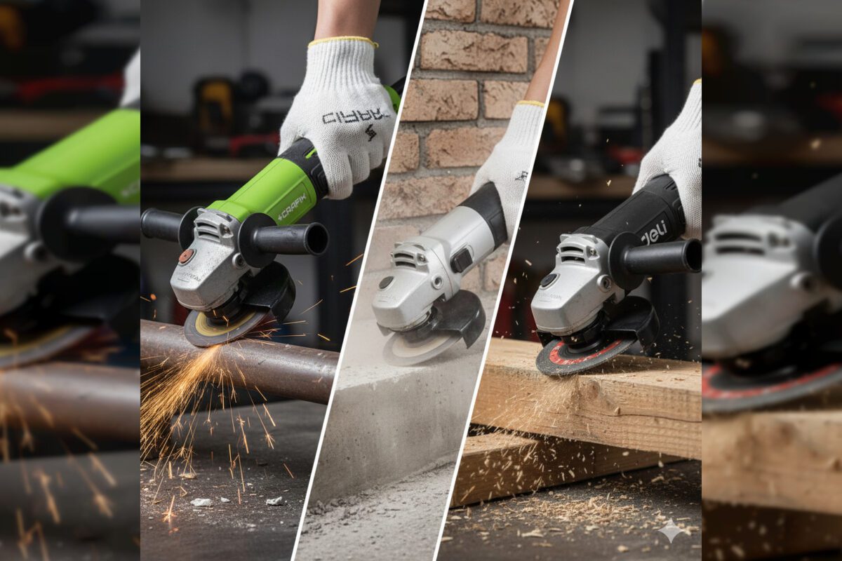 Угловая шлифмашина в мастерской, шлифующая металл, дерево и пластик.