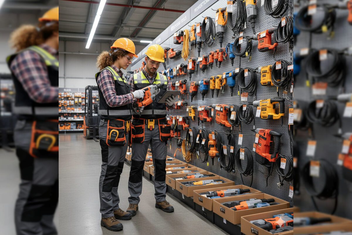 Мужчина и женщина в строительной форме выбирают перфоратор в специализированном магазине