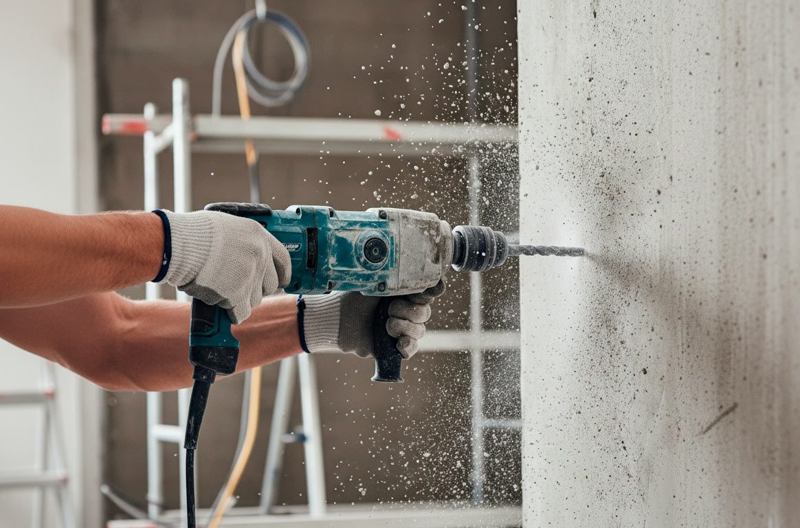 Рабочий использует перфоратор для сверления бетонной стены