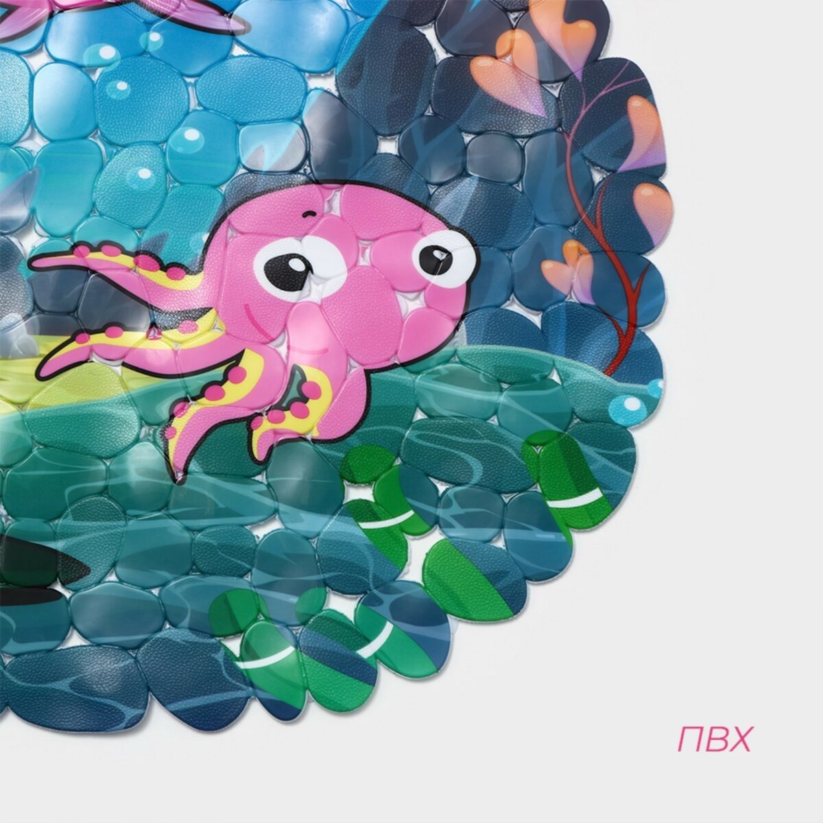 Противоскользящий детский коврик для ванной с ярким осьминогом и водным дизайном Противоскользящий силиконовый коврик для ванной с текстурой пузырьков и ярким осьминогом на фоне водных растений