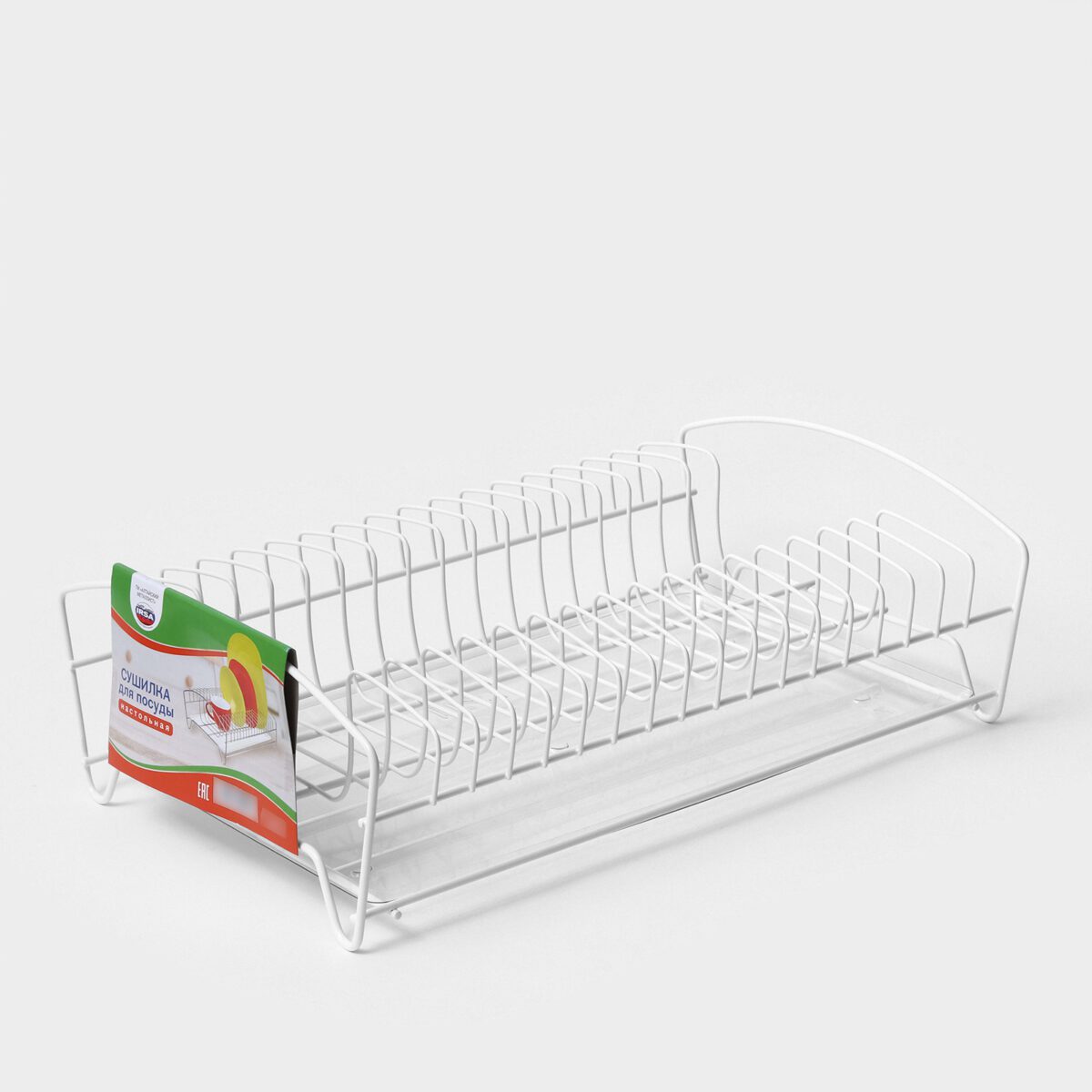 Сушилка для посуды настольная с поддоном двухъярусная металлическая белая 39×25×12 см Сушилка для посуды настольная с поддоном металлическая белая с прозрачным пластиковым поддоном, размеры 39×25×12 см