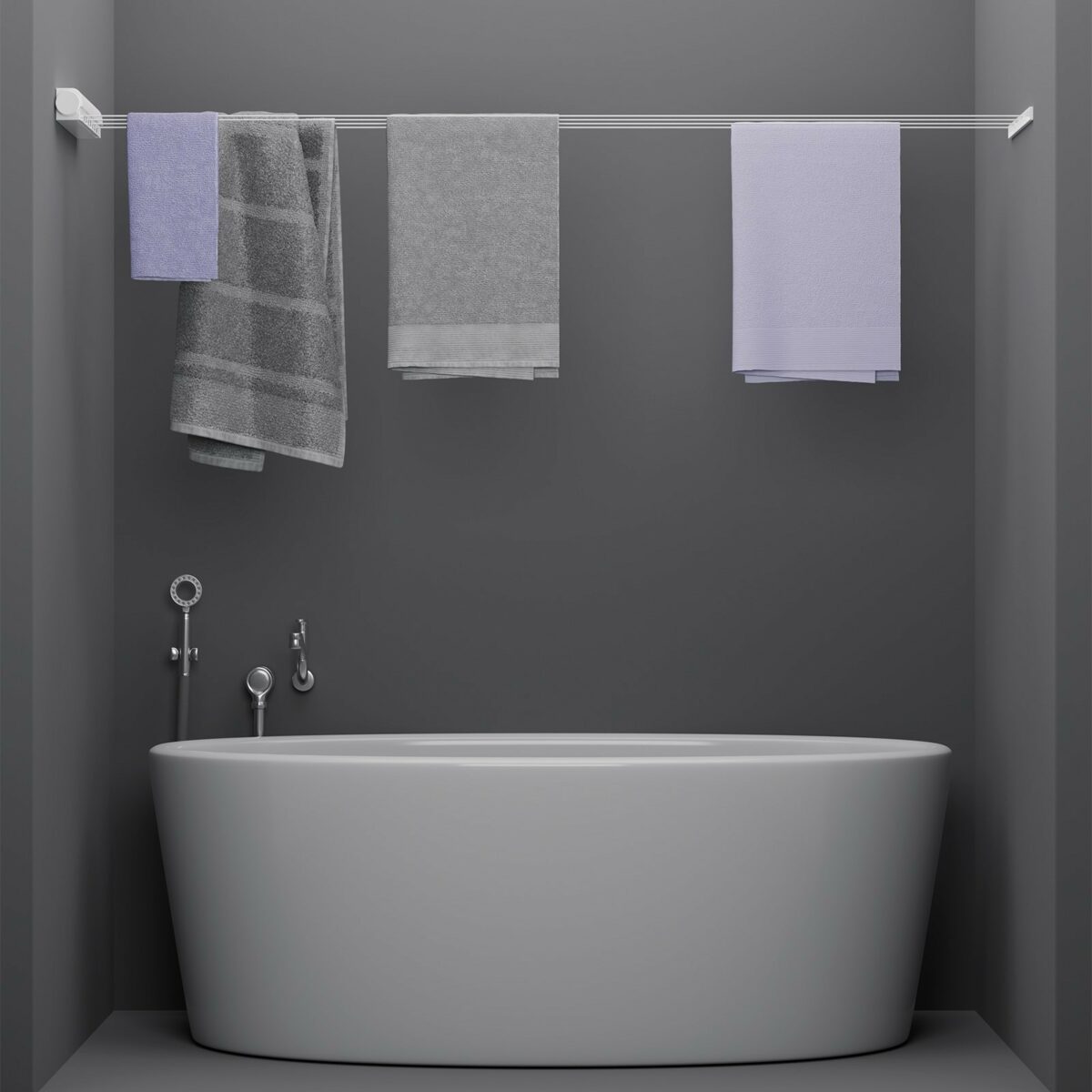 Роторная настенная сушилка на 4 линии для ванной комнаты – компактное и удобное решение Белая роторная вытяжная сушилка для белья с четырьмя линиями, установленная в ванной комнате над ванной, с развешанными полотенцами