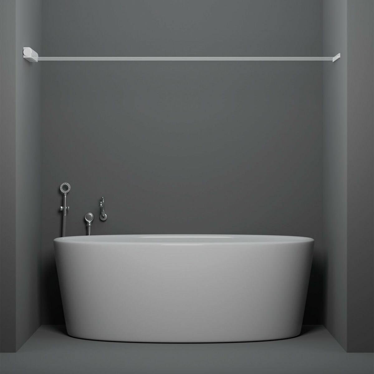 Компактная роторная сушилка на 4 линии для ванной комнаты Белая роторная вытяжная сушилка для белья с четырьмя линиями в ванной с серыми стенами