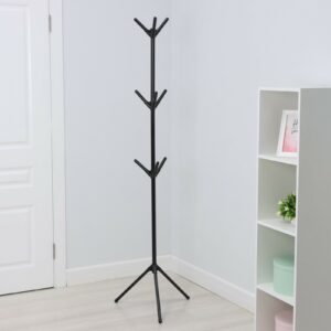 Чёрная металлическая напольная вешалка для одежды с крючками и устойчивым основанием, компактная и идеальная для прихожей