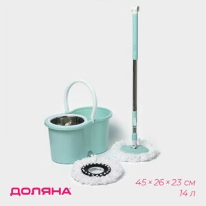Умная швабра с отжимом, ведро на колёсиках 14 л, металлическая центрифуга и насадки из микрофибры