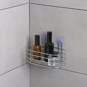 Компактная хромированная полка для ванной на присосках 20х10х10 с закругленными углами и местом для хранения аксессуаров