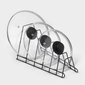 Металлическая черная подставка для крышек кастрюль на стол, с три отделения для крышек разных размеров в стильном лаконичном дизайне