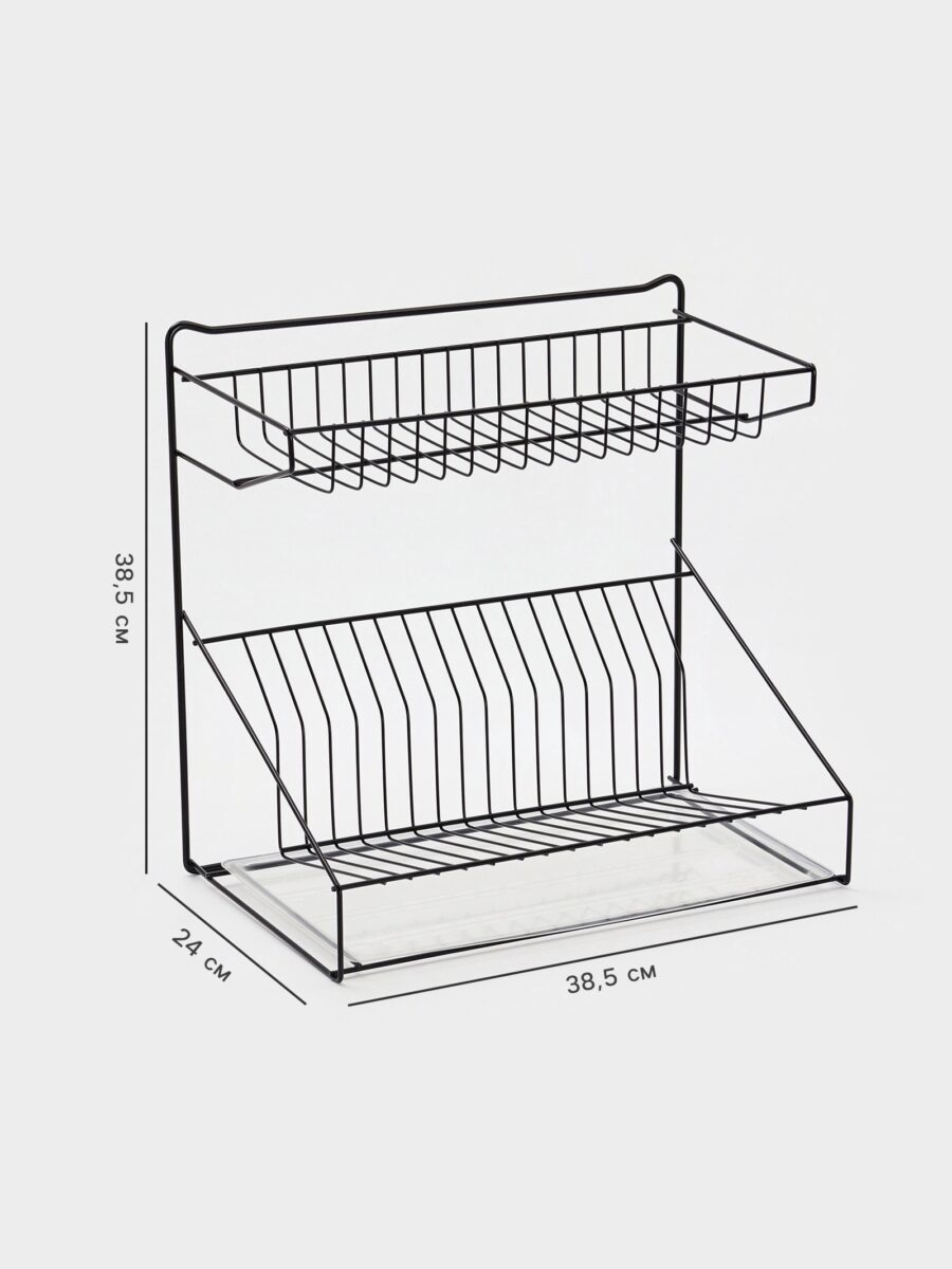 Двухъярусная настольная сушилка для посуды с поддоном, черная, металлическая, 38,5 см Компактная черная двухъярусная металлическая сушилка для посуды с поддоном, идеальная для маленькой кухни