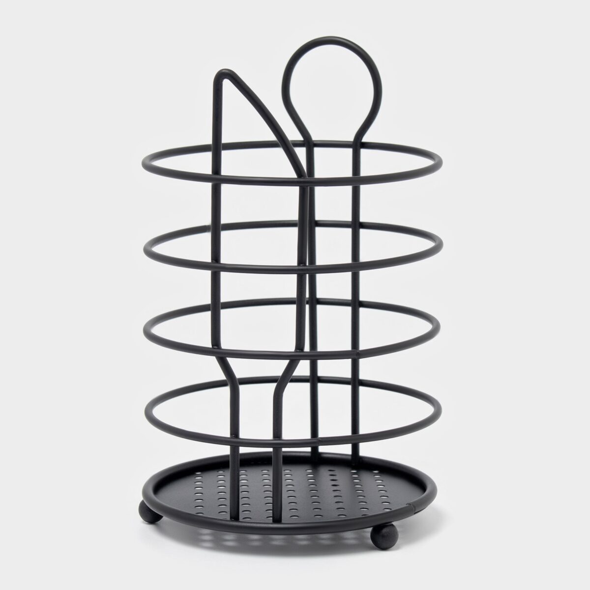 Чёрная настольная сушилка для столовых приборов с глубоким поддоном, компактная и функциональная, 17 см Чёрная пластиковая сушилка для столовых приборов с разделением на секции, устойчивым металлическим каркасом и глубоким поддоном, высота 17 см