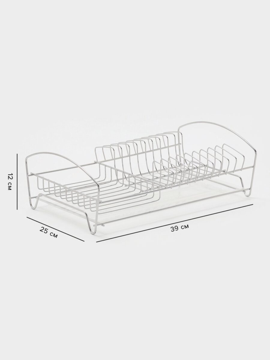 Металлическая настольная сушилка для посуды с поддоном 39×25×12 см Сушилка для посуды с поддоном из хромированной стали, размер 39×25×12 см, с местом для тарелок и кружек