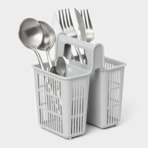 Светло-серая пластиковая подставка сушилка для столовых приборов с двумя секциями и вертикальными прорезями для вентиляции