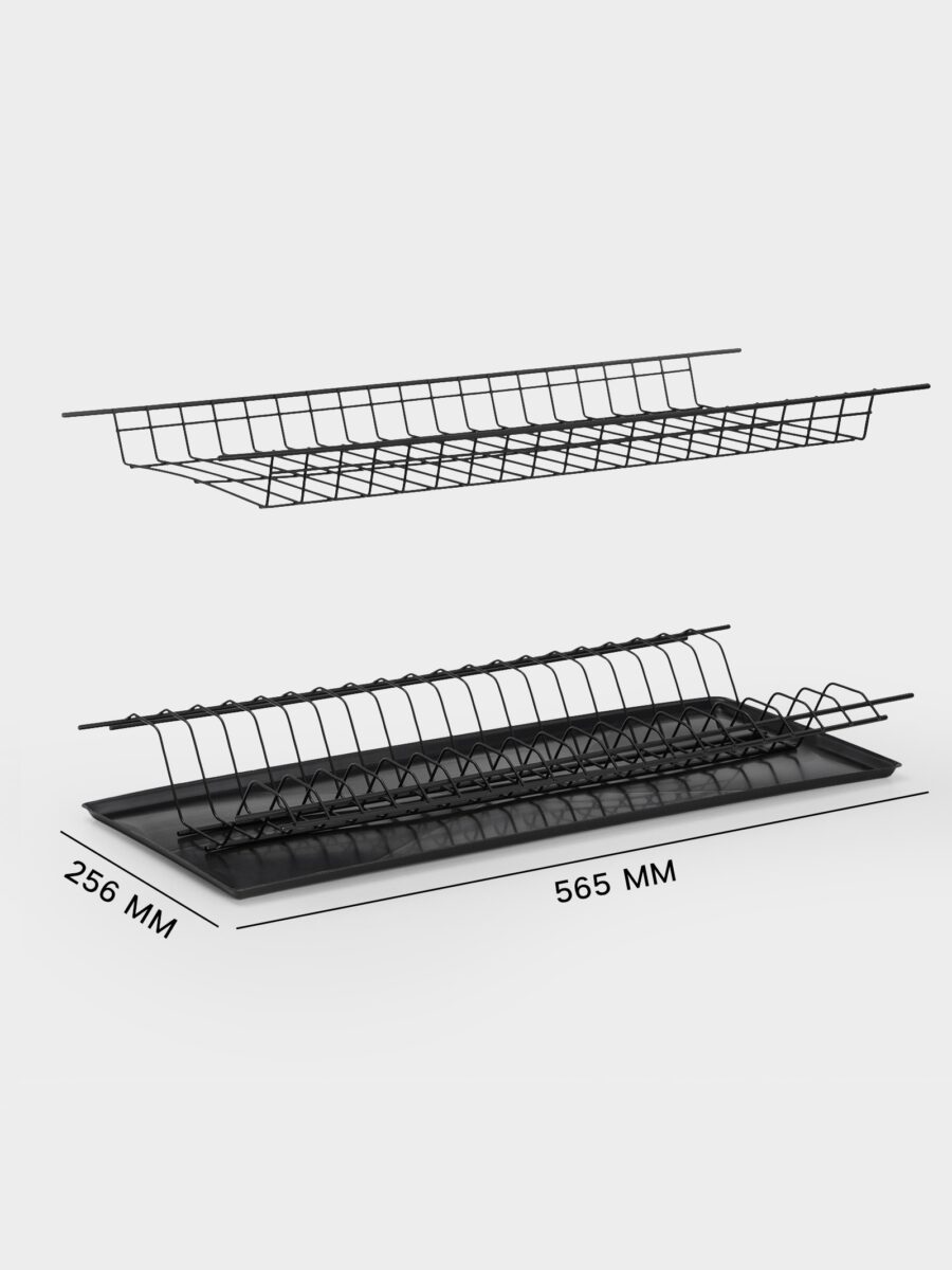 Двухъярусная сушилка для посуды с поддоном для шкафа 60 см, черного цвета Черная металлическая сушилка для посуды с поддоном, двухъярусная, для шкафа шириной 60 см