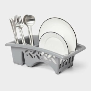 Серая компактная пластиковая сушилка для посуды с поддоном и секциями для тарелок и столовых приборов, настольная модель 32,5×19×11 см