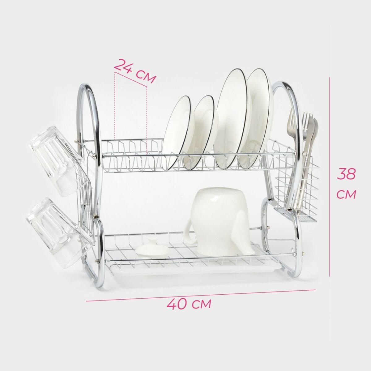 Сушилка для посуды настольная двухъярусная 40х24х38 см с поддоном из хромированного металла Двухъярусная настольная металлическая сушилка для посуды 40х24х38 см с поддоном и держателями для кружек и столовых приборов