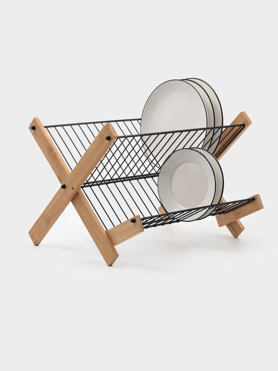 Двухъярусная бамбуковая сушилка для посуды с металлической решеткой Сушилка для посуды из бамбука и металла с двумя уровнями для тарелок и чашек