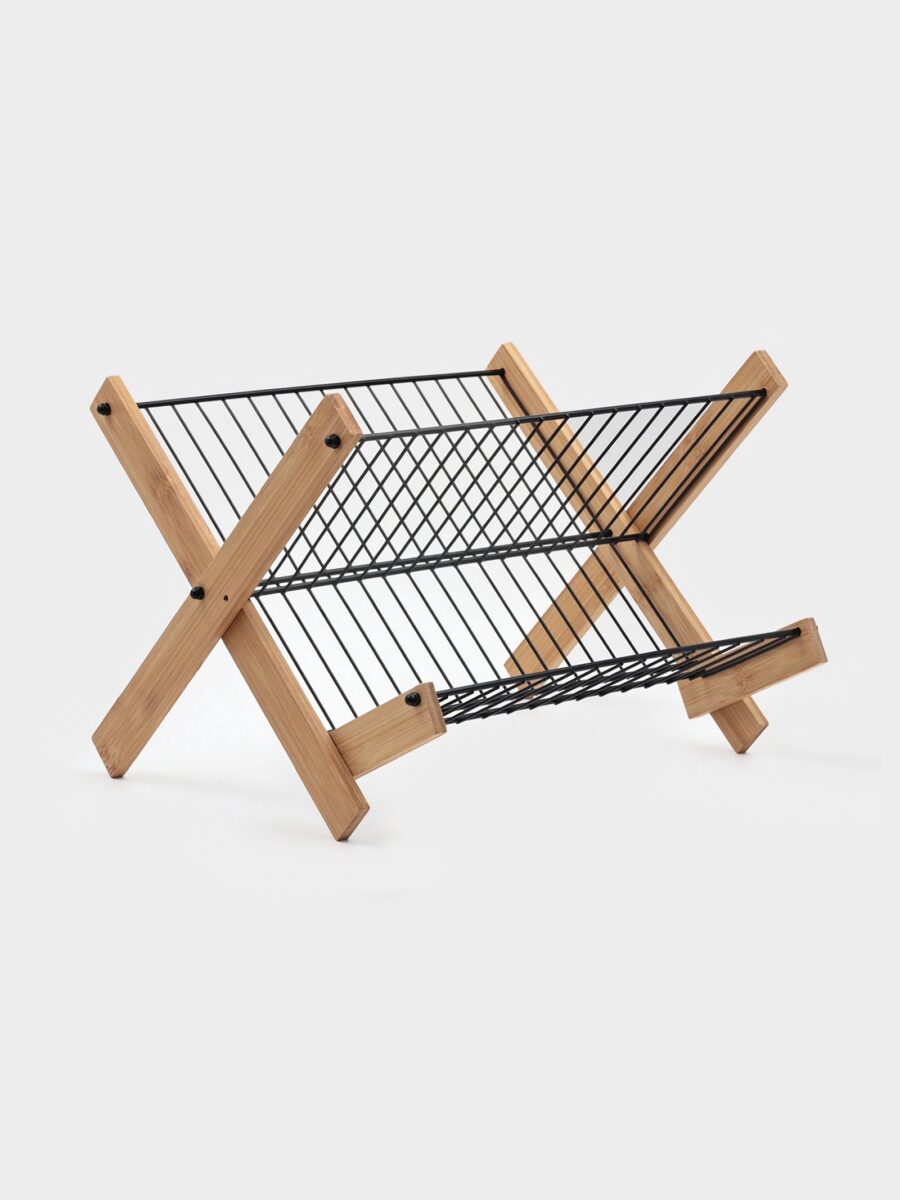 Двухъярусная бамбуковая сушилка для посуды с металлическими элементами Бамбуковая сушилка двухъярусная с металлическими полками для компактного хранения посуды