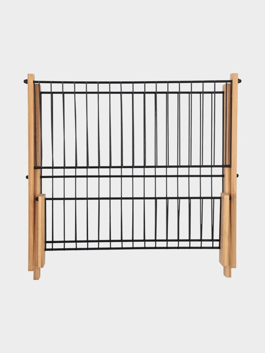 Двухъярусная бамбуковая сушилка для посуды с металлическими элементами Двухуровневая сушилка для посуды из бамбука и металла с функциональными характеристиками