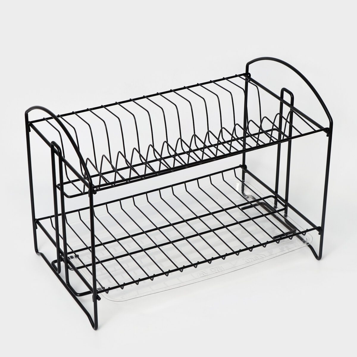Двухъярусная разборная сушилка для посуды с поддоном 39,5x24x29,5 см – идеальная компактная сушилка для кухни Двухъярусная черная сушилка для посуды с разъемной конструкцией, поддоном и размерами 39,5x24x29,5 см на кухонной поверхности