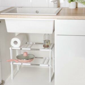 Раздвижная полка под раковину с регулируемой длиной, белая, компактная и двухъярусная для организации кухни и ванной