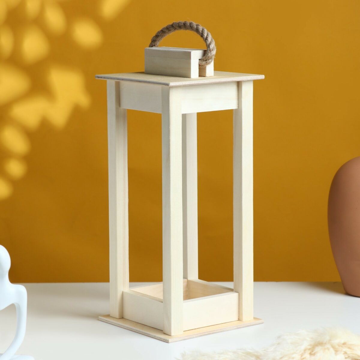 Деревянное кашпо универсального дизайна для интерьера в форме фонарика, 30×12×12 см Кашпо из натурального дерева для дома и декора в форме фонарика с ручкой, светлый оттенок