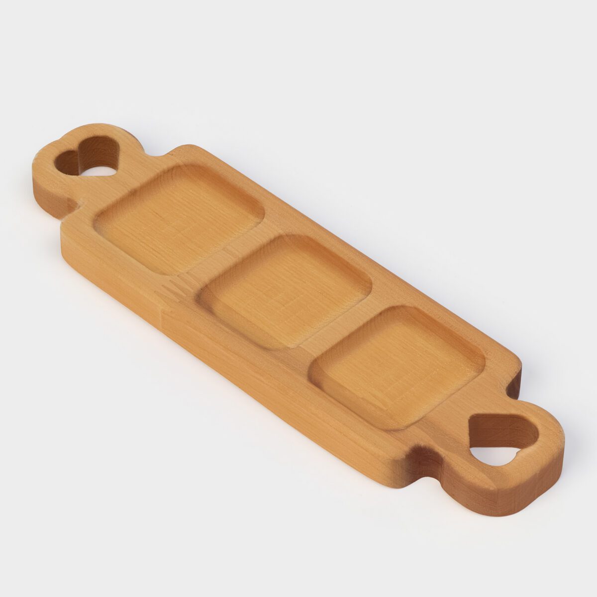 Деревянная менажница с тремя секциями — удобный и экологичный подарок для кухни Деревянная менажница с 3 секциями и сердцевидными отверстиями для продуктов или соусов