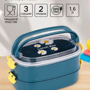 Синий двухуровневый ланч-бокс с приборами, прозрачной крышкой и секциями для удобного хранения еды