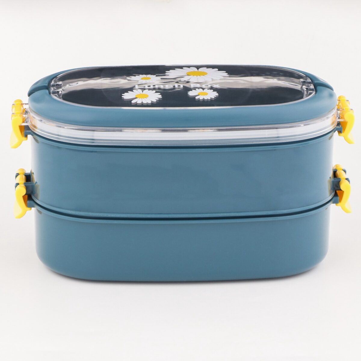 Двухуровневый ланч-бокс 1.6 л с прозрачной крышкой и ромашками для работы и школы Эстетичный синий пластиковый ланч-бокс 1.6 л с двумя отделениями, украшенный крышкой с рисунком ромашек и жёлтыми защелками