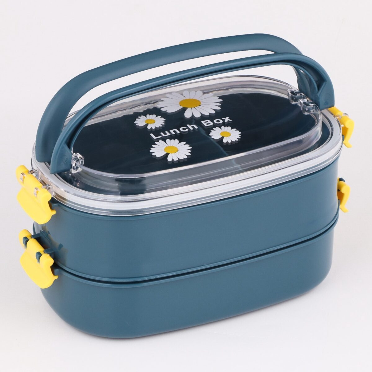 Двухуровневый синий ланч-бокс 1.6 л с крышкой и отделениями для еды Синий двухуровневый ланч-бокс на 1.6 литра с прозрачной крышкой, отделениями и желтыми креплениями