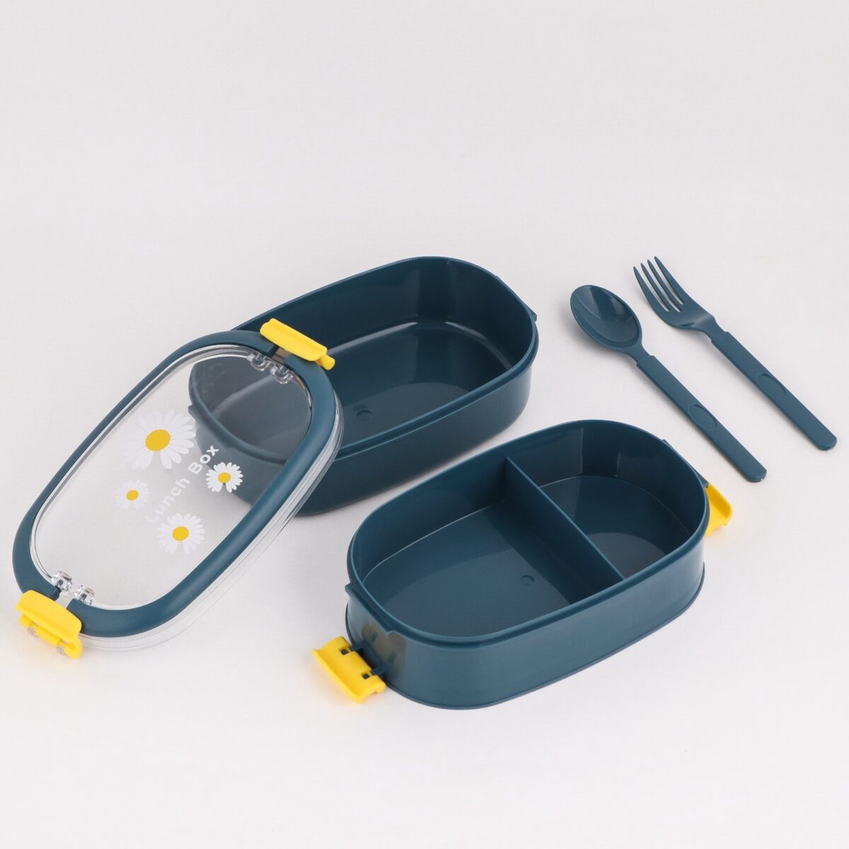 Двухуровневый пластиковый ланч-бокс с крышкой для еды 1.6 литра Эстетичный синий ланч-бокс с двумя уровнями и приборами для хранения еды