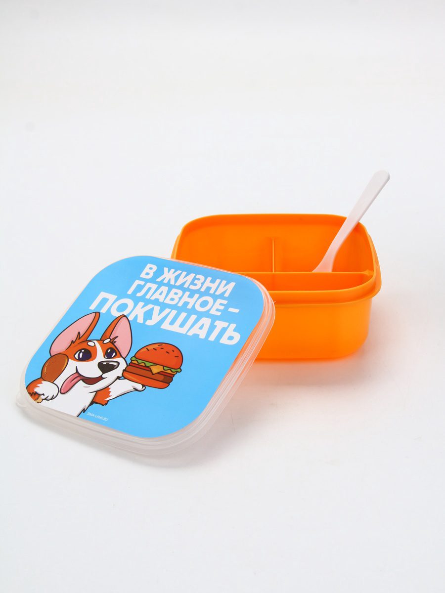 Ярко-оранжевый ланч-бокс с мультяшным корги и секциями для еды Ланч-бокс с секциями ярко-оранжевого цвета, крышка с принтом корги и бургером, внутри белая ложка