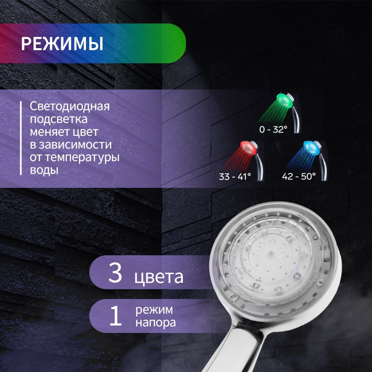 Лейка для душа с подсветкой и температурным датчиком — 3 режима цвета Лейка для душа с подсветкой, изменяющей цвет в зависимости от температуры воды, с хромированным покрытием