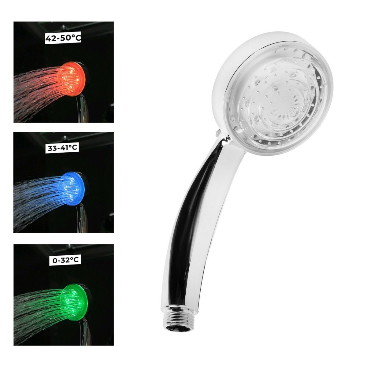 Лейка для душа с подсветкой и температурным датчиком – стильный аксессуар для ванной Лейка для душа с подсветкой и температурным датчиком на белом фоне с инфографикой температуры и цветового освещения