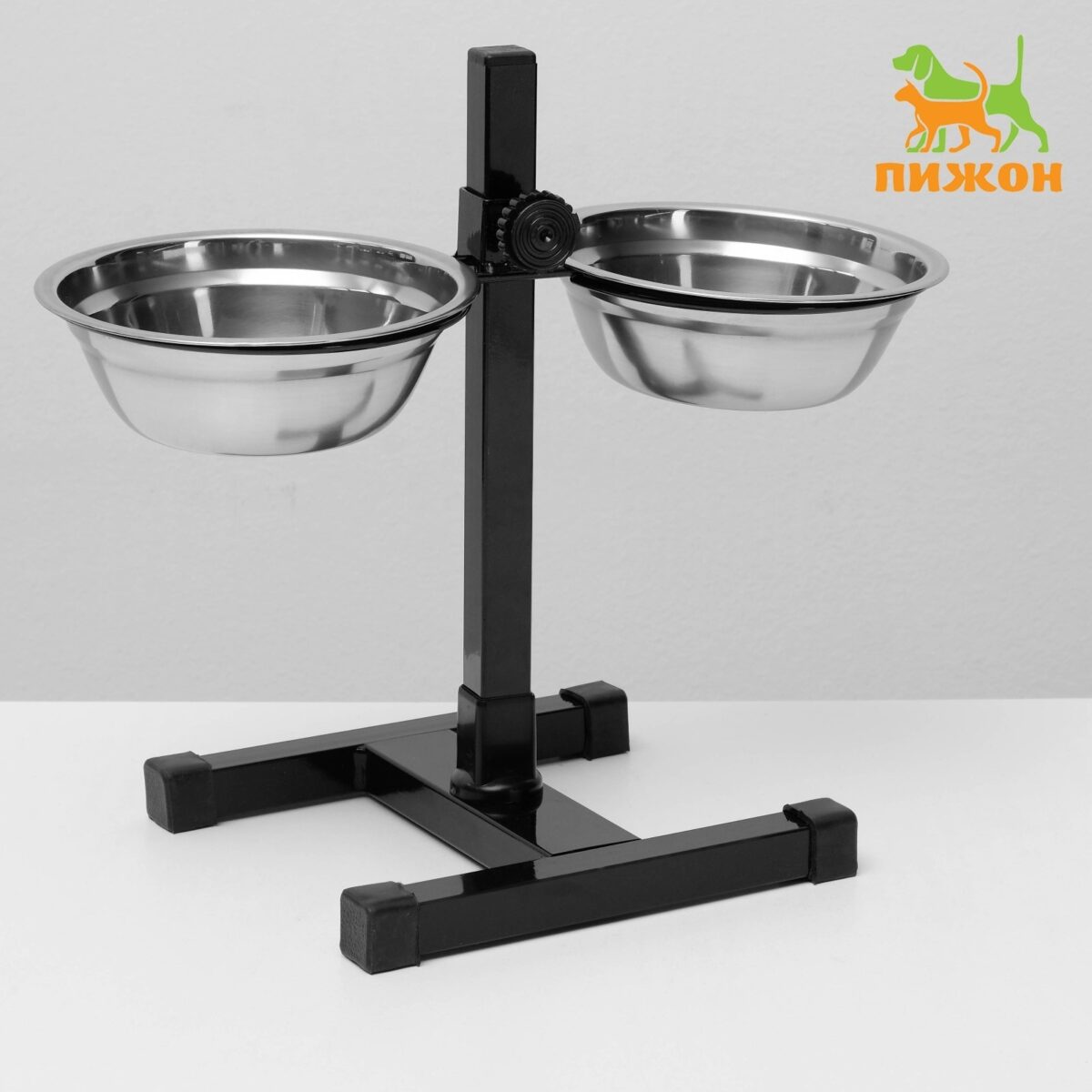 Элегантная чёрная разборная подставка с двумя мисками на 30 см для кошек и собак мелких пород Чёрная металлическая подставка с двумя мисками объёмом 2×500 мл, высота 30 см, для кормления кошек и собак