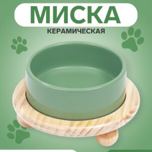 Керамическая миска серо-зелёного цвета 450 мл на деревянной подставке с ножками — удобный и стильный предмет для кормления животных
