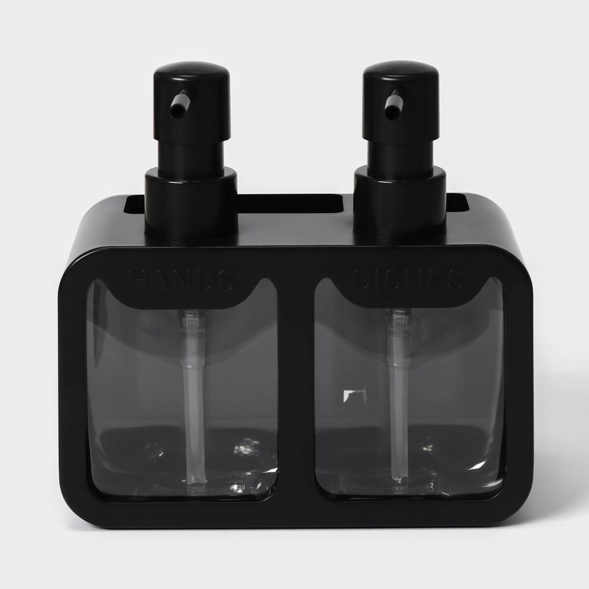 Двойной черный дозатор для мыла и моющего средства 300 мл с двумя секциями Компактный кухонный дозатор на 300 мл с двумя отсеками для мыла и моющего средства, черный цвет