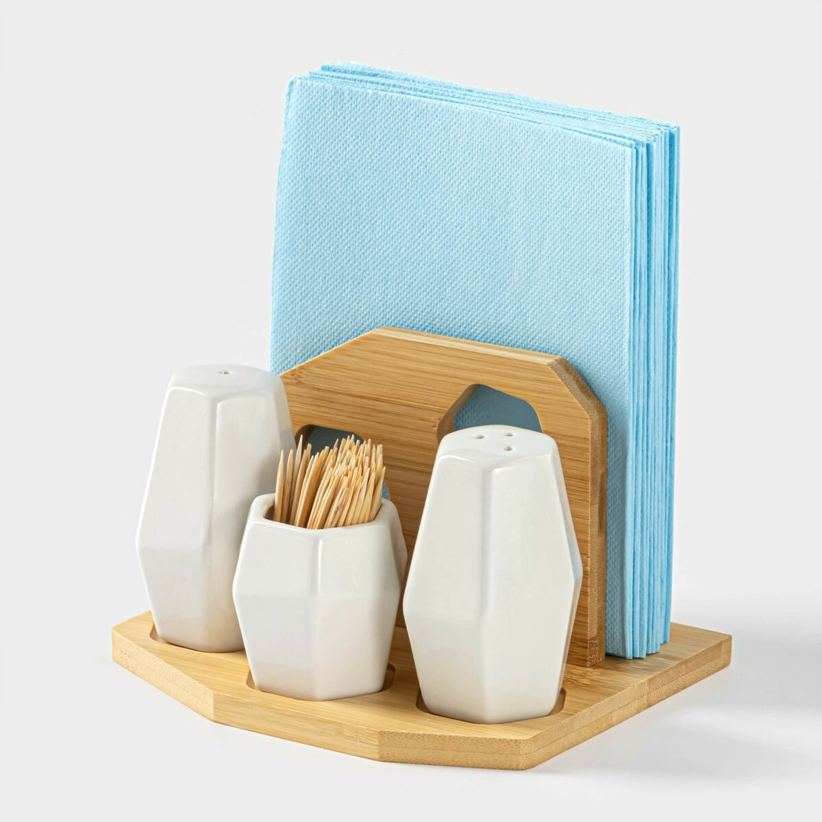 Набор из 4 предметов для специй: солонка и перечница по 75 мл, ёмкость для зубочисток и салфетница с деревянной подставкой Белый набор для специй на деревянной подставке: солонка, перечница, ёмкость для зубочисток и салфетница с салфетками