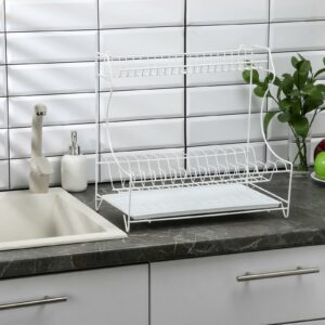 Белая двухъярусная настольная сушилка для посуды с поддоном, металлическая конструкция на кухонной столешнице