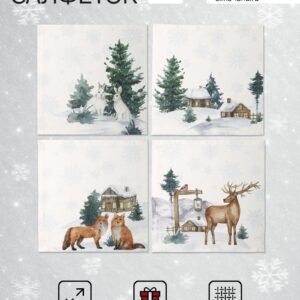 Набор новогодних белых сервировочных салфеток из ткани с дизайном зайцев, лис, оленя и зимнего пейзажа, 4 шт. 40×40 см