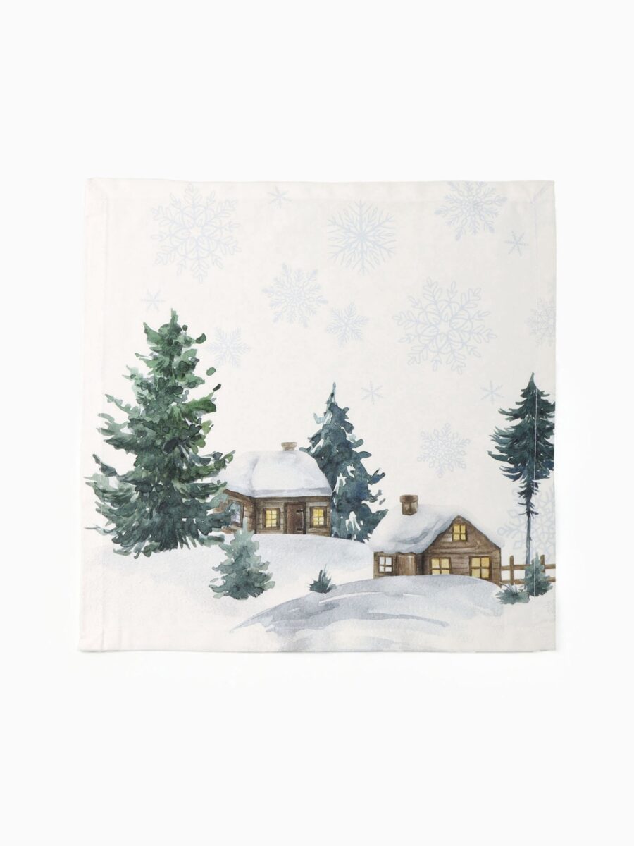 Новогодние сервировочные салфетки с зимним акварельным пейзажем — идеальный выбор для праздничного стола Сервировочные тканевые салфетки с зимним пейзажем, снежными домами и ёлками на белом фоне