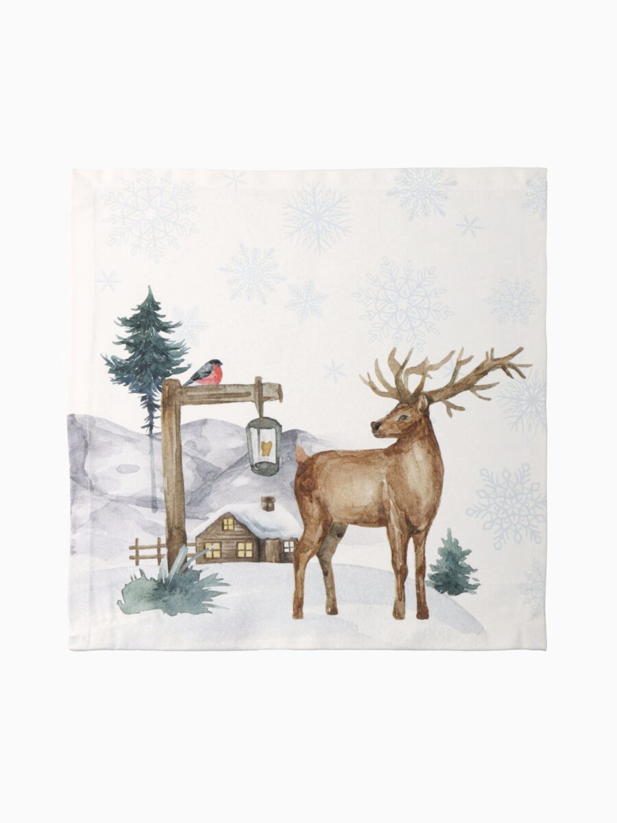 Новогодние сервировочные салфетки Forest animals с зимним лесным дизайном — набор из 6 или 12 шт Сервировочная салфетка с зимним акварельным дизайном: олень, заснеженная избушка, фонарь и снежинки на белом фоне