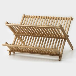 Бамбуковая двухъярусная сушилка для посуды 43×38 см на белом фоне