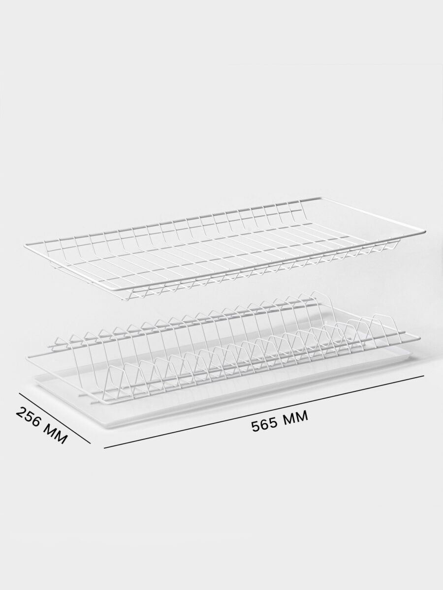 Белая двухъярусная сушилка для шкафа 60 см с поддоном шириной 56.5 см Сушилка для посуды белого цвета с поддоном, предназначенная для установки в кухонный шкаф шириной 60 см